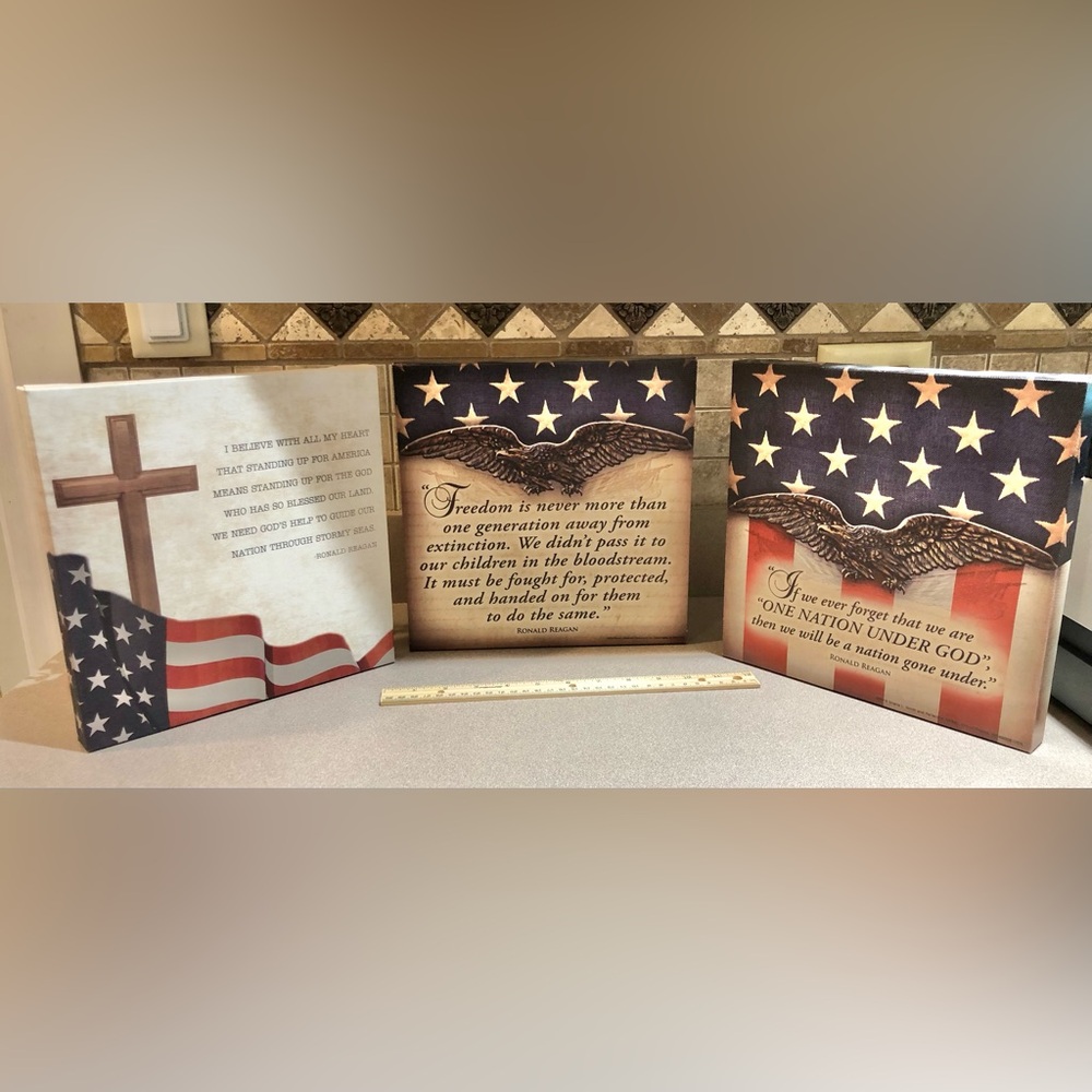 Set of 3 - Patriotic Wall Art on Canvas w/ Quotes from Ronald Reagan 10” x 10”